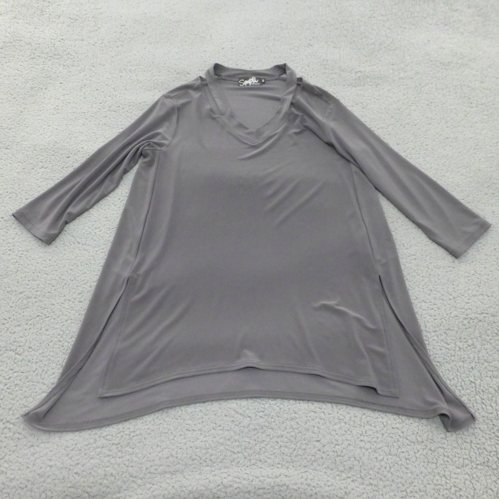 Sympli Tunic Top Womens 10 Gray V-Neck Cutout 3/4 Sleeve Sharkbite Hem Slinky